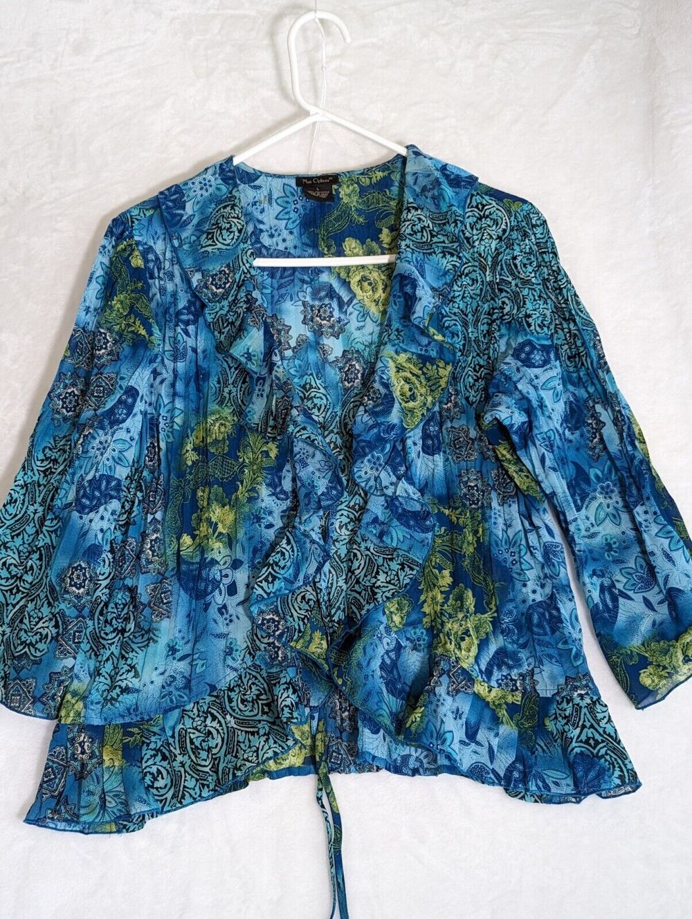 Nue Options Sheer Top Over shirt/Jacket Bust 40".Cback 23". Sleeves18"Blu/Green